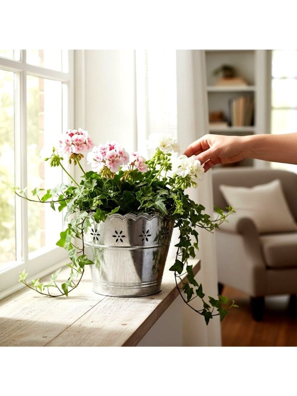 Galvanized Metal Planter With Floral Cutout Design